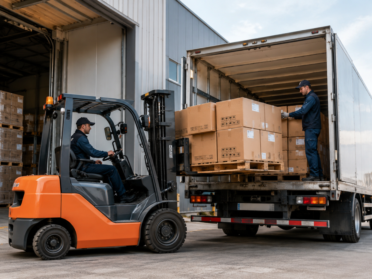 Trained loading crew lifting boxes into a moving truck