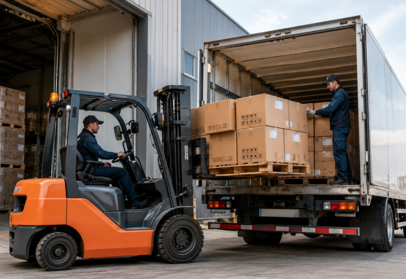 Trained loading crew lifting boxes into a moving truck